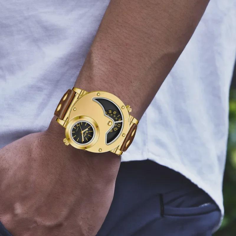 2024 Мужские спортивные часы с большим циферблатом и кожаным ремешком из золота и кварца