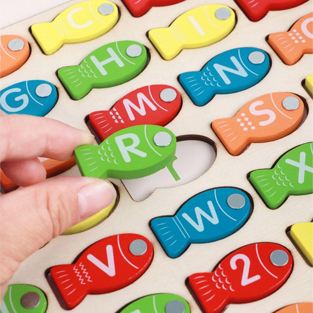 Wooden Kids Fishing Toys Letter Cognition Fishing Game Toy Letter Number Puzzle Birthday Gift