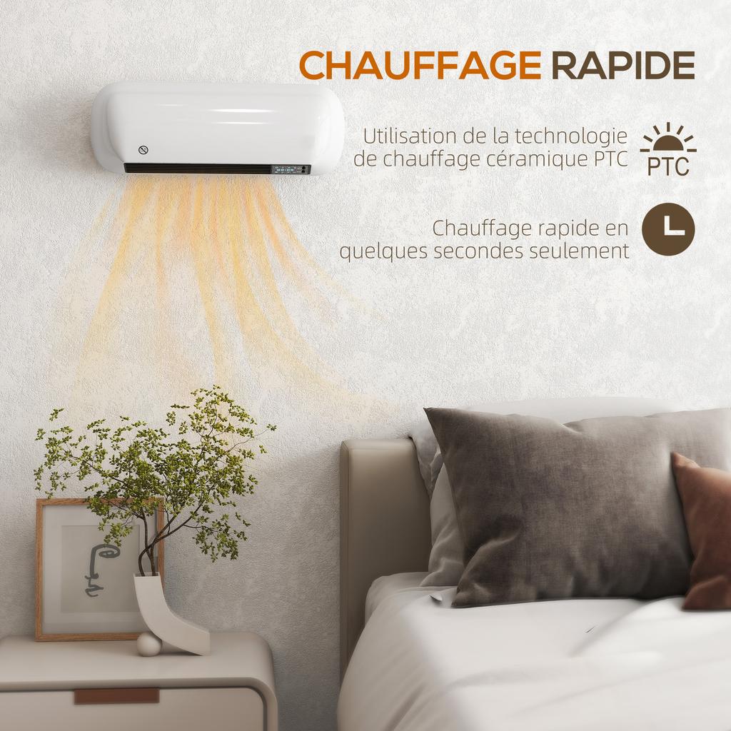 Ceramic wall heater 1000/2000W, electric radiator, fan, thermostat, timer, 50x19x14cm, white