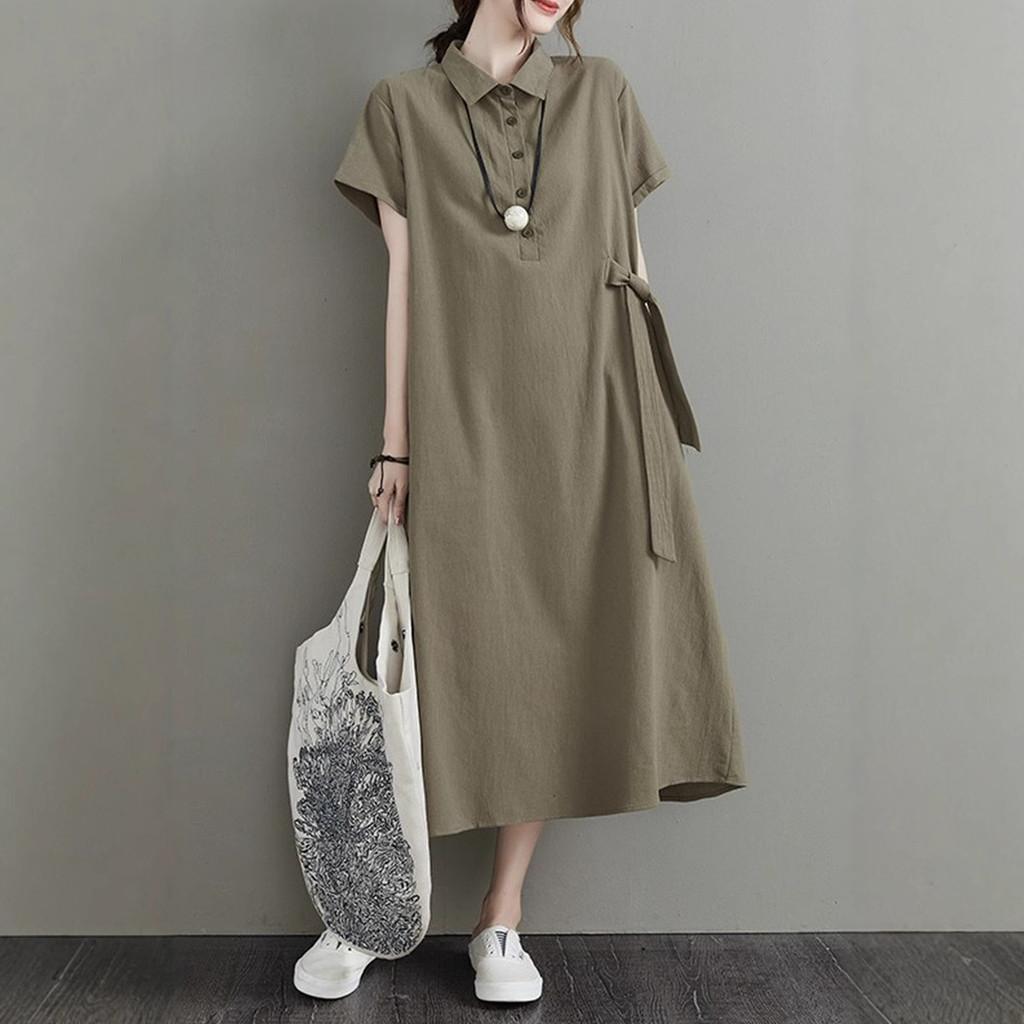 Japanese Style Loose Cotton Linen Short Sleeve Dress With Pockets For Casual Wear