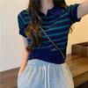 Ayollar bahori uchun retro polo yoqali chiziqli qisqa yengli trikotaj ko'ylak, nish qisqa top