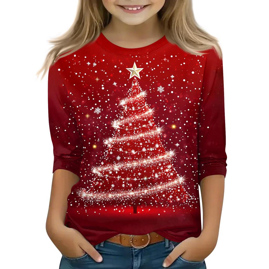 Детские топы с рукавом 3/4, повседневная футболка с рождественским принтом, пуловер с круглым вырезом