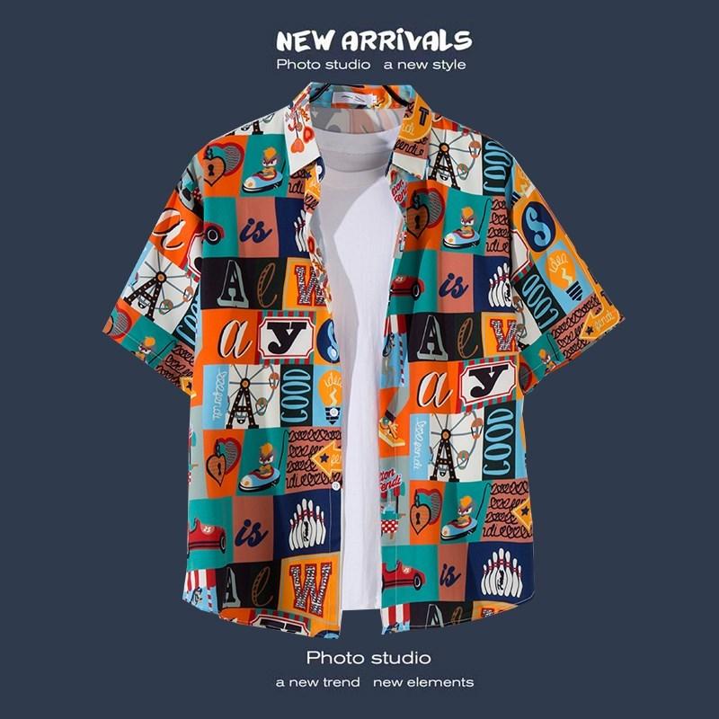 Мужская рубашка, летняя гавайская рубашка, повседневная рубашка, пляжная рубашка с коротким рукавом, цветочные растения, лацканы, гавайская праздничная одежда