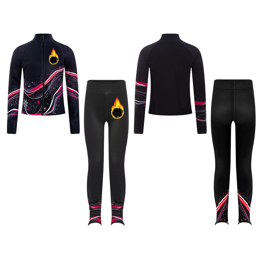 Kids Figure Skating Jacket Set Stand Collar Long Sleeve Printed with Leggings for Workout