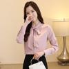 Elegant White Chiffon Blouse for Women, Loose Long Sleeve Work Shirt with Bow-knot and Flowy Hemline In Korean Style