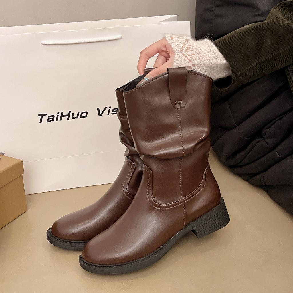 Коричневые ретро ковбойские сапоги женские 2025 осень новые плиссированные сапоги-чулки средней длины рыцарские сапоги темпераментные ботинки Мартин