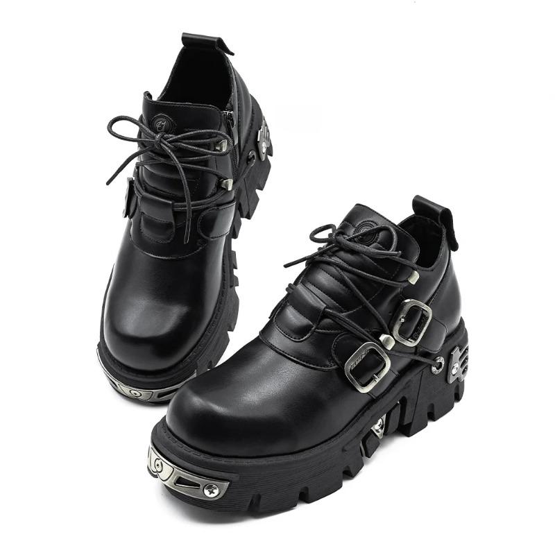 Мода 2025 Новый Темный Панк Стиль Женские Готические Винтажные Рок Ботинки с Резьбой в виде Пламени Кожаная Обувь Металлическая Ниша Низкие Платформы