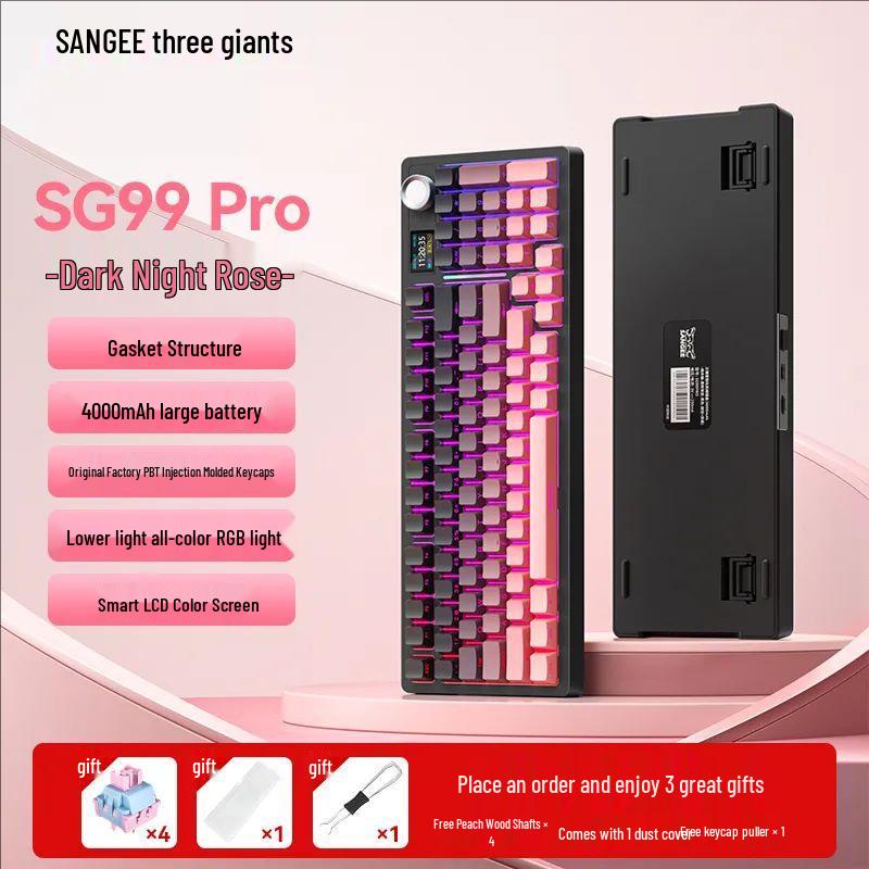 Три Гиганта SG99 Pro: Трехрежимная Bluetooth механическая клавиатура с дисплеем, кастомные hot-swap клавиши, боковая гравировка градиентом.