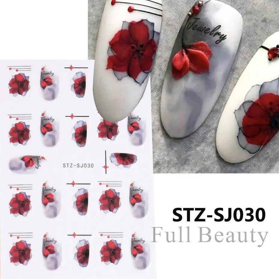 Lily Flower Geometric 3D Nail Stickers Maple Leaves Lines Nail Art Adhesive Sliders Red Berries Decals Decoration PPSTZ-SJ027