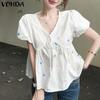 Printing Women V Neck Short Puff Sleeve Splicing Floral Print Casual Tops Blouse