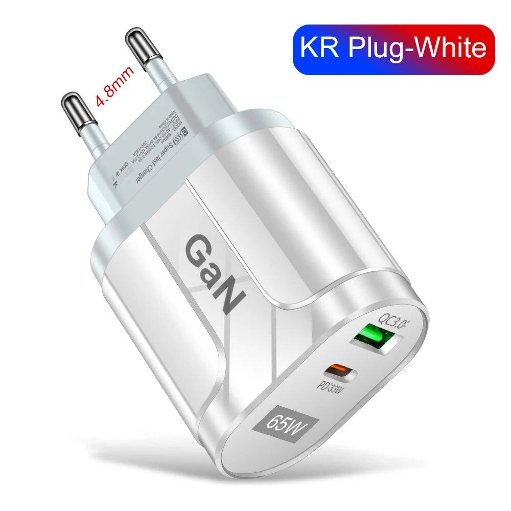 GaN 65W PD USB Type C Charger Mobile Phone Quick Charge Type C Wall Charger For iPhone Xiaomi Samsung EU/US Plug Charger