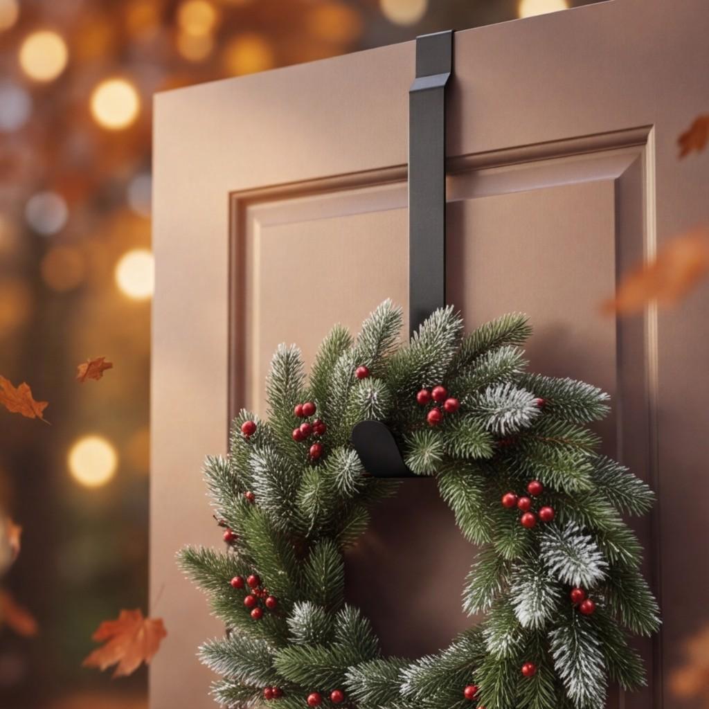 Adjustable Wreath Hanger 14-24 Inch Ultra Thin Door Hook Heavy Duty Black Metal Holder Supports 22 lbs for Christmas Holiday Front Door Decor