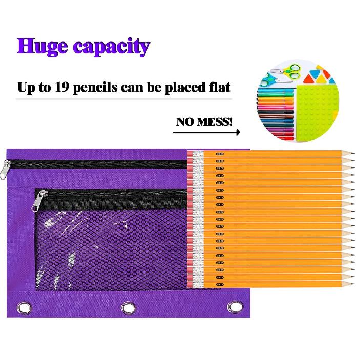 3 Ring Binder Pencil Pouch, 2 Pack Pencil Pouches with Zipper-Pencil Case with Double Pocket and Mesh Window (Purple&Red)