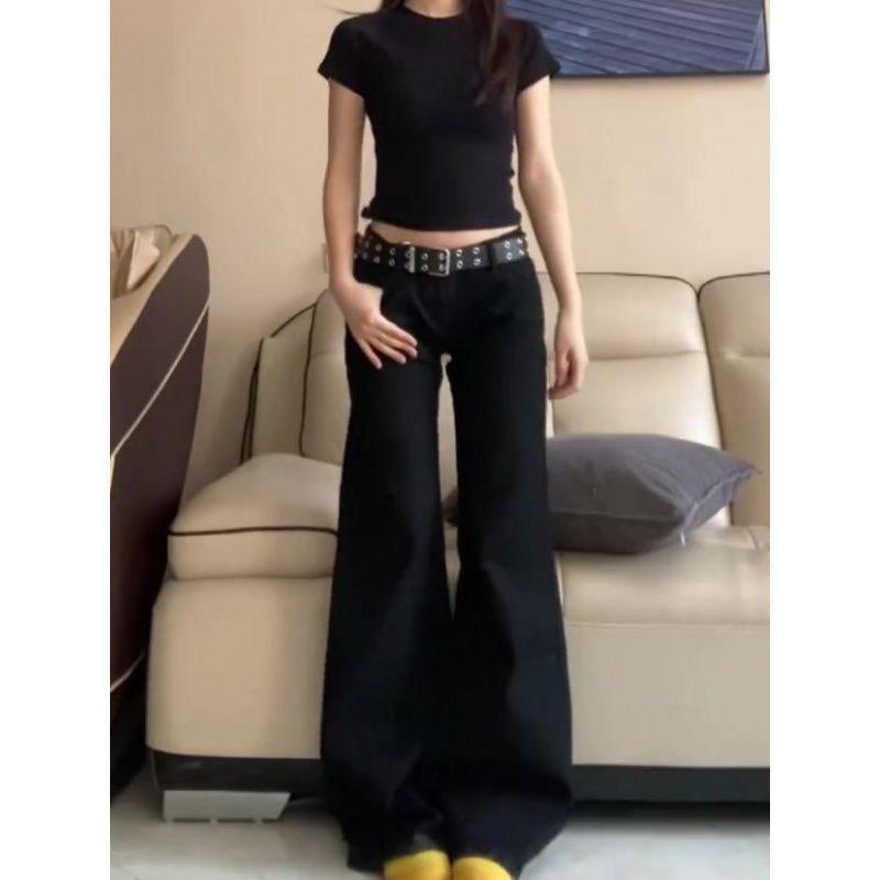 Женские черные джинсы с заниженной талией и широкими штанинами, расклешенные — большой размер, свободный крой, весна и осень