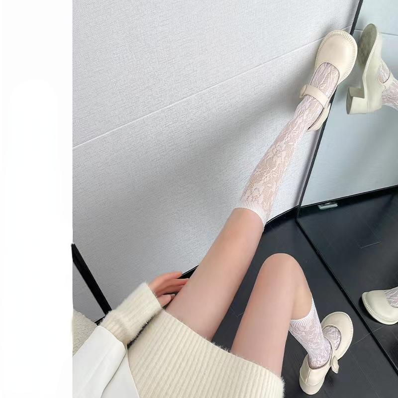 Women Sexy Floral Print Mesh Stockings Knee High Socks Soft Nylon Elastic Fishnet Fashion Long Leg Socks Designer Sheer Socks