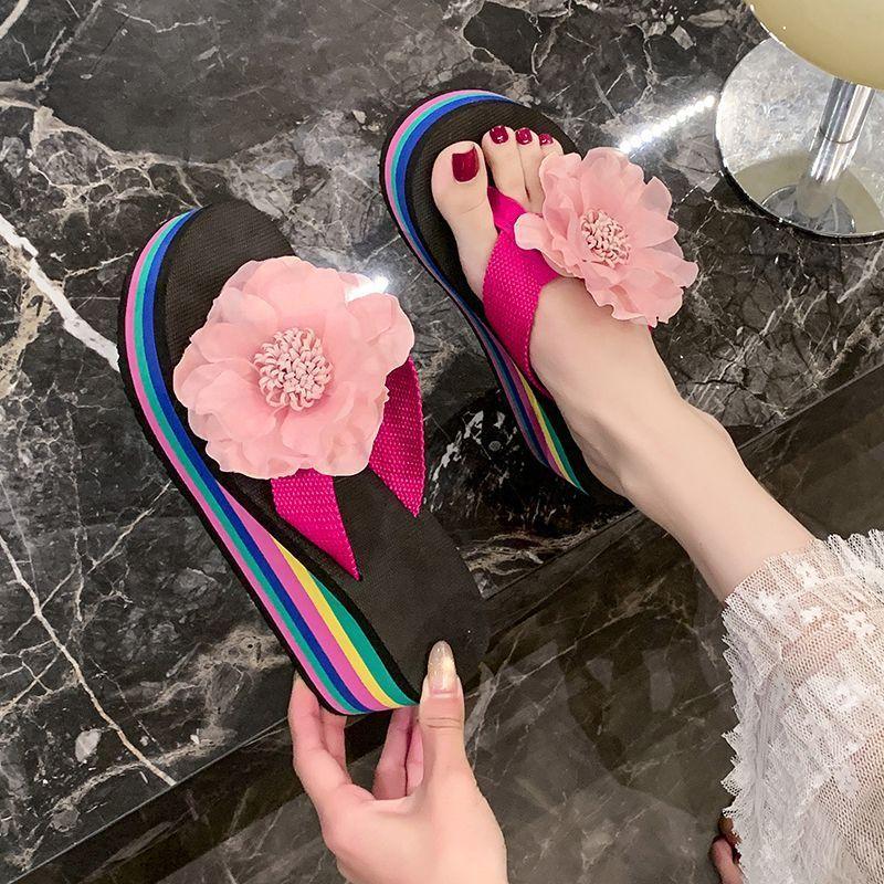Fairy Flower High Heel One-word Slippers Female 2025 Outer Wear Fashion with Skirt Thick Bottom Slope Heel Beach Cool Slippers