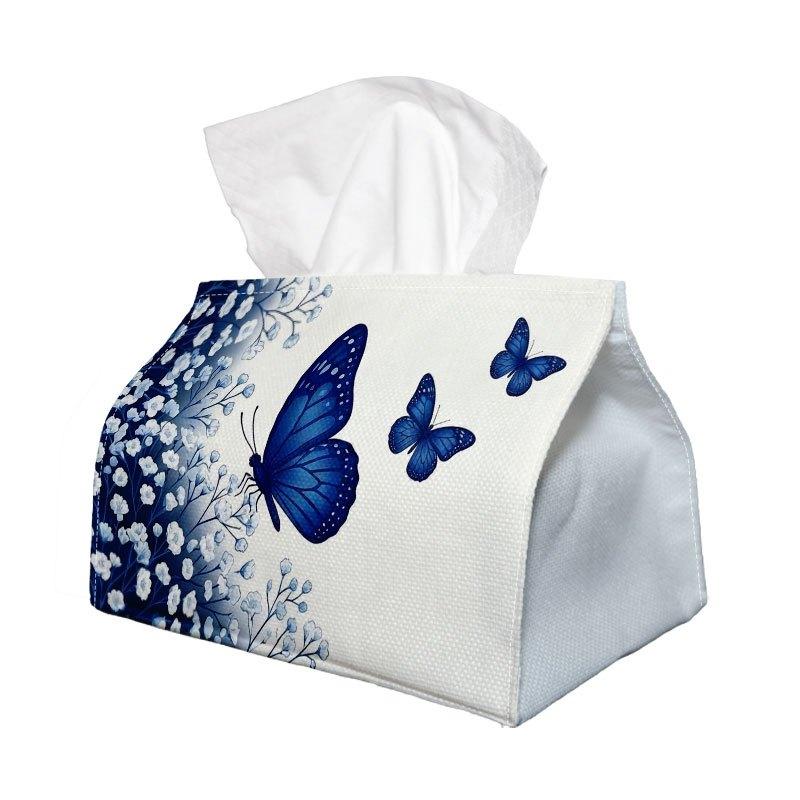 1pc Modern Minimalist Tissue Box with Blue Butterfly & Floral Watercolor Design - Multifunctional Napkin Dispenser Suitable for Home, Car, Bedside Tab