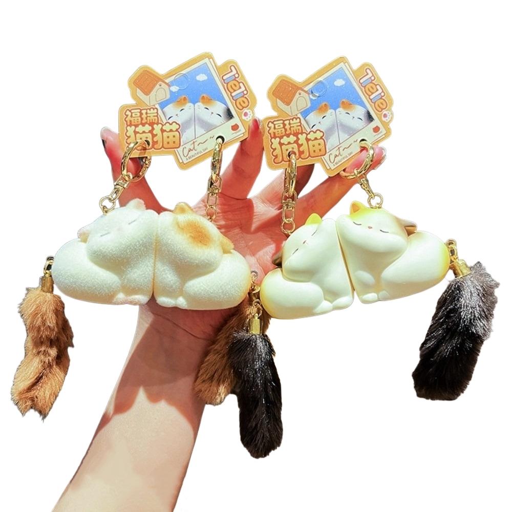 Cartoon Couple Cat Key Chain Pom Accessories Mink Fur Cat Keyring Long Tail Cat Pendant Friends
