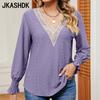 JKASHDK Women's Fashion Casual Summer Spring Solid Color Print Long Sleeve Lace V-Neck Blouses & Shirts Pullovers