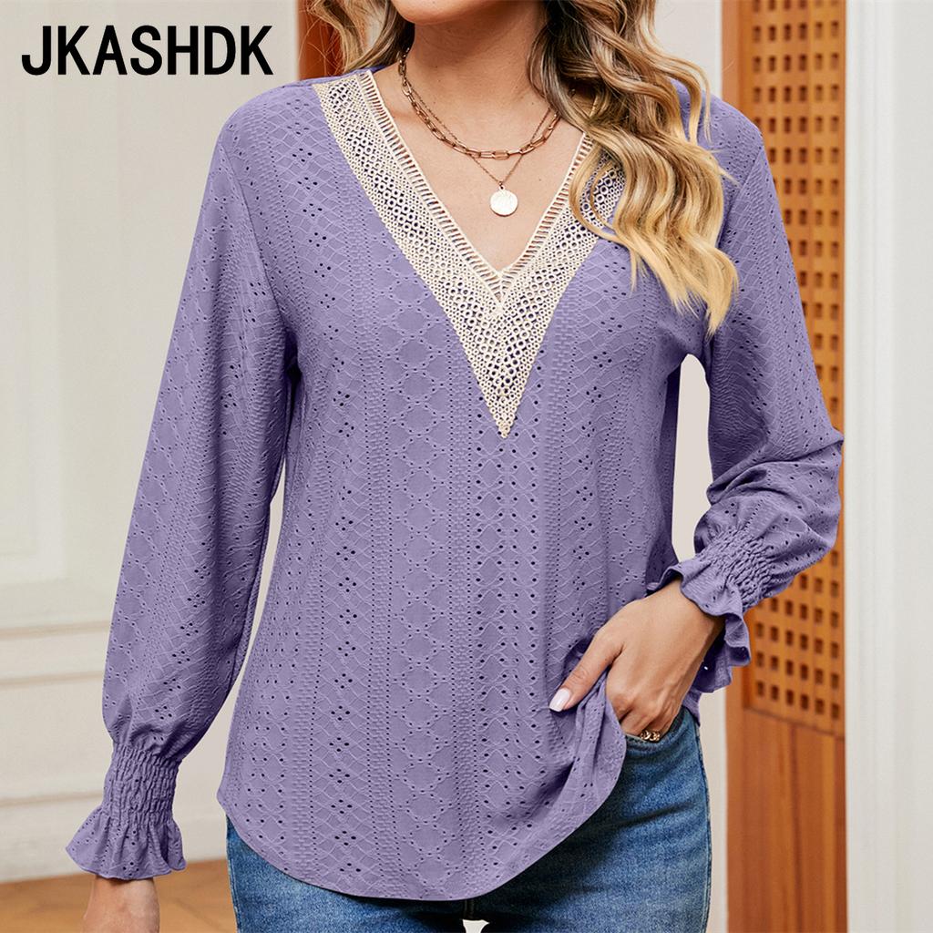 JKASHDK Women's Fashion Casual Summer Spring Solid Color Print Long Sleeve Lace V-Neck Blouses & Shirts Pullovers