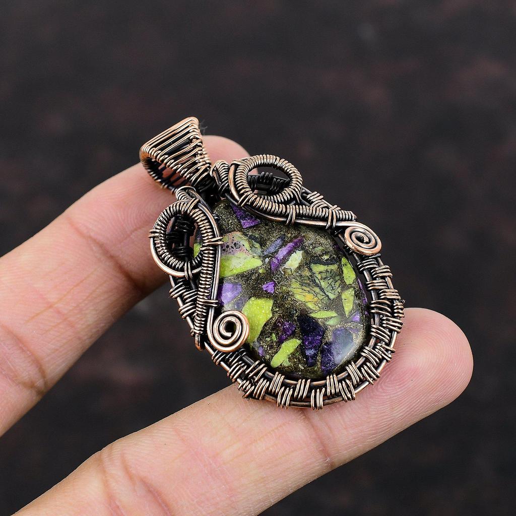 Медный кулон-стихтит, кулон из медной проволоки, изысканные ювелирные изделия, кулон с драгоценным камнем, медные украшения ручной работы, подарок для нее, ювелирные изделия из проволочной обмотки