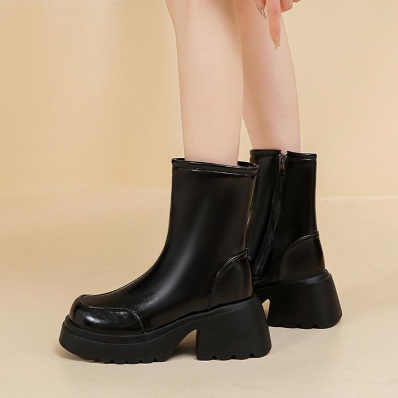 Platform Ankle Snow Boots Women High Heels Plush Leather Shoes Winter Warm Casual Shoes 2025 Trend Goth Chelsea Cozy Botas Mujer