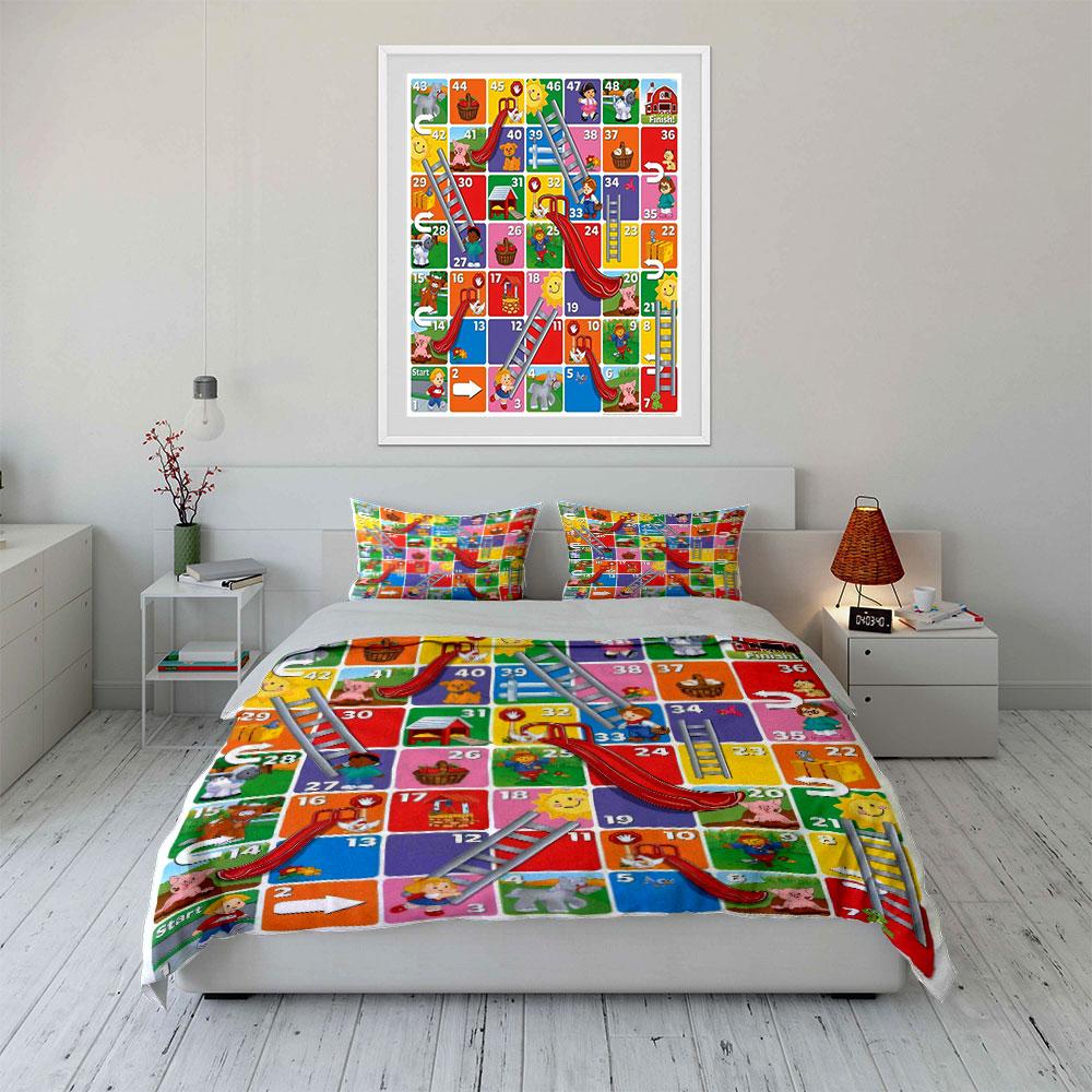 Farm Snakes And Ladders Game Duvet Cover Set, Kids Cartoon Farm Animal Bedding Includes 1 Duvet Cover And 2 Pillowcase,Gift
