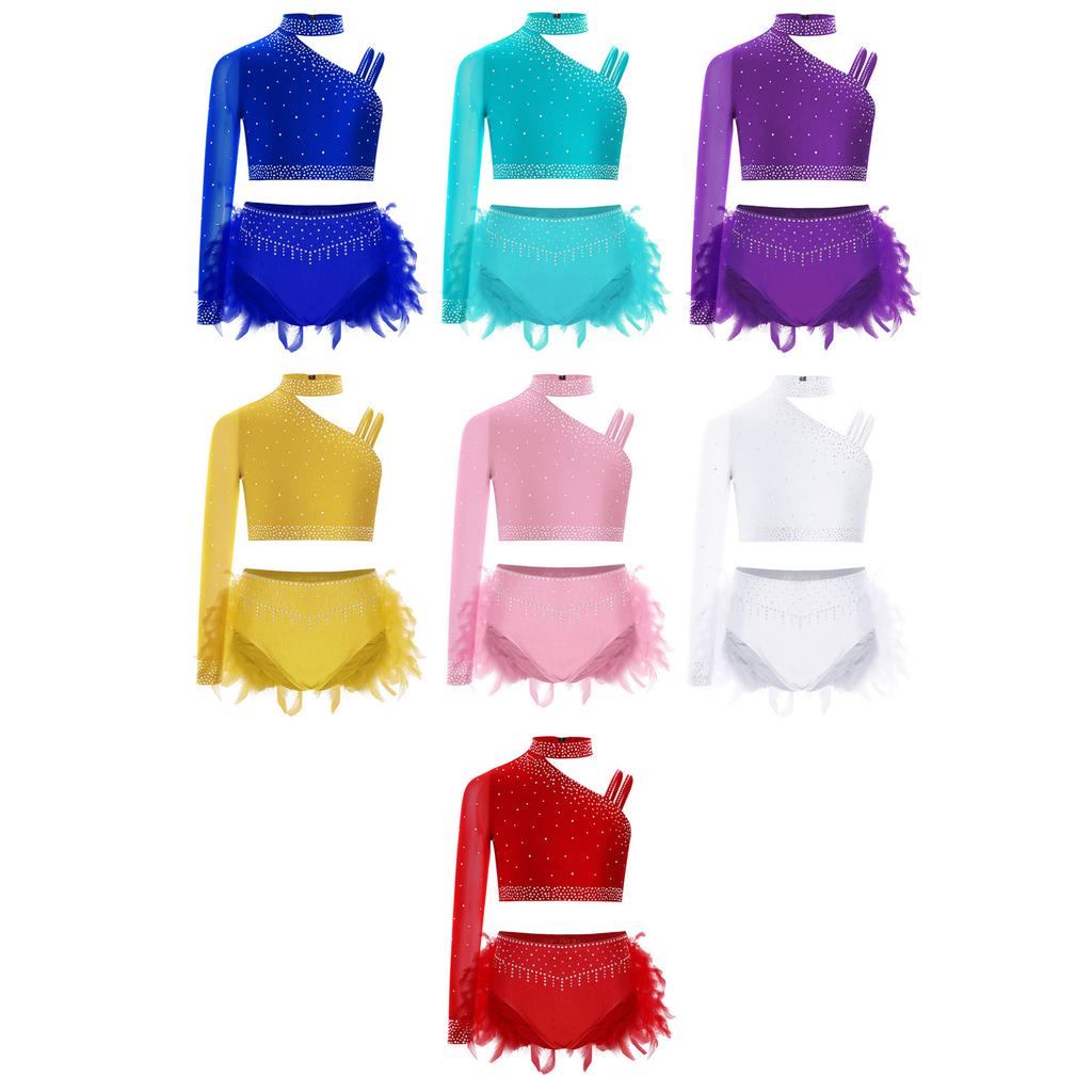 Комплект одежды для танцев для девочек, укороченный топ со стразами и неровными плечами, трусики с перьями, юбка для фигурного катания, балета, современной лирической танцевальной одежды