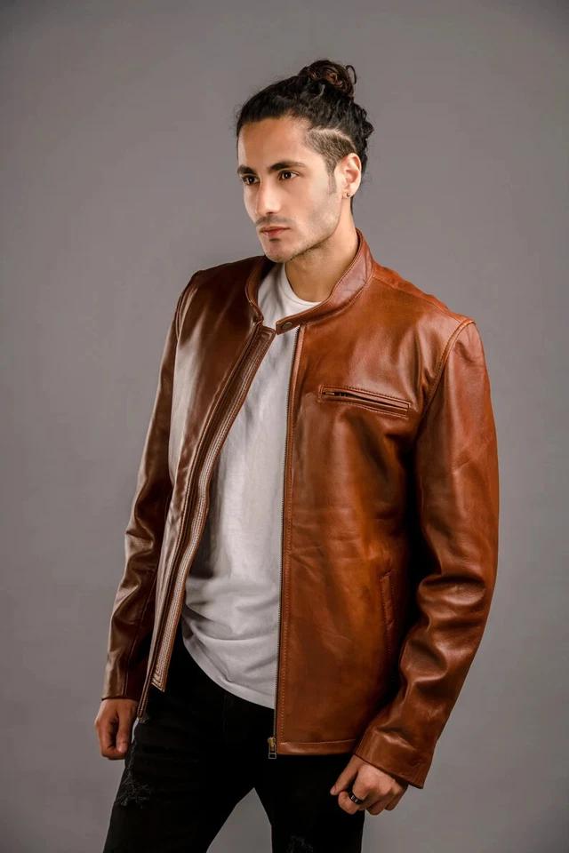 Handmade Men Biker Motorcycle Casual Stylish Brown Original Leather Real Lambskin Jacket