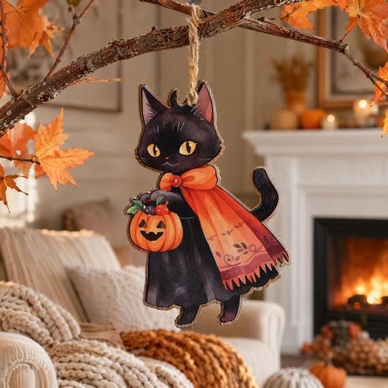 Vintage Wooden Witch Cat Pendant Halloween Hanging Ornament, Decorative Pendant, Rustic Pumpkin Ornament Cute Holiday Party Favors for Tree And