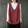 Весна Осень Женский Жилет Вязаный Свитер Ретро V-образный Вырез Свободный Без Рукавов Однотонный Пуловер Ажурный Ромбовидный Текстурный Топ Повседневная Одежда