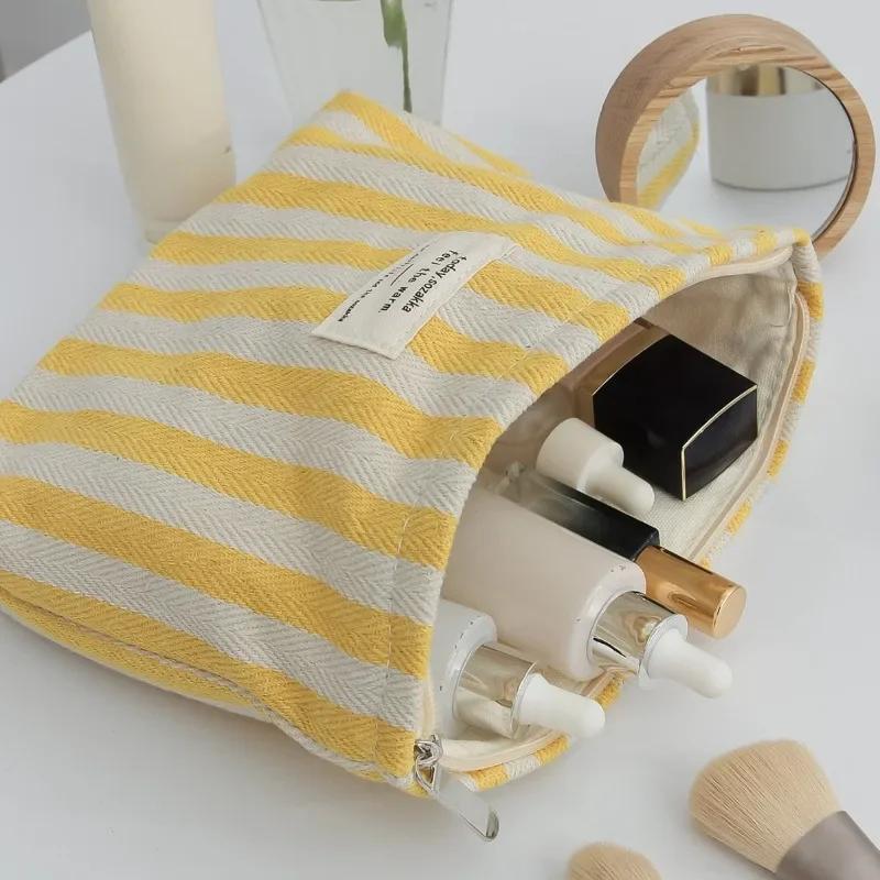 Women Stripe Comestic Case Clutch Pouch Canvas Makeup Storage Bag Women Handbag Portable Toiletry Travel Organizer Case