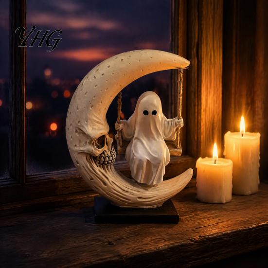 Handmade Resin Craft Halloween Ghost Swing Figurine, Spooky on A Moon Statue, Creative Sculpture Gothic Home Decoration for Desktop, Mantel,