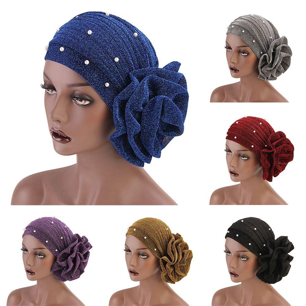 Shiny Silk Head Scarf Hair Loss Women Cancer Chemo Cap Pearls Turban Cap Big Flower Muslim Hat