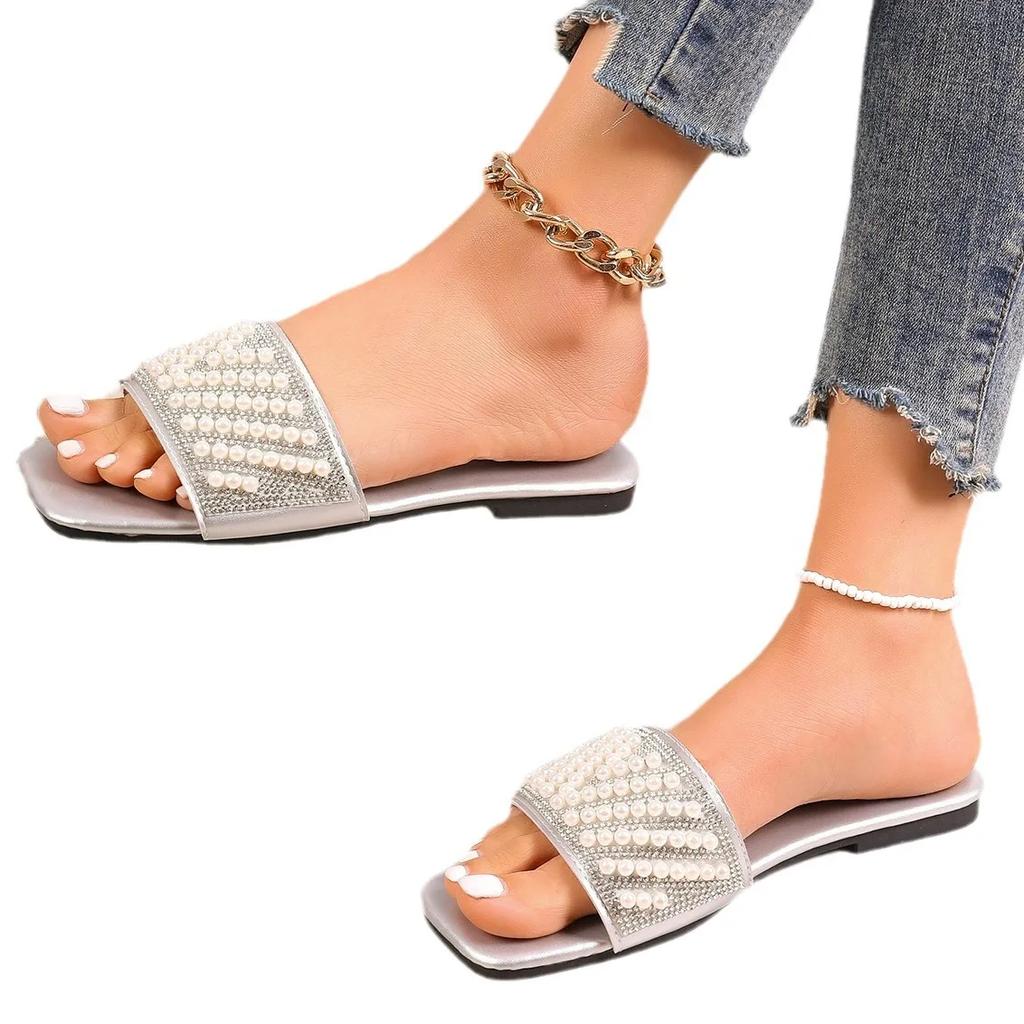 Fashion New Small Fragrant Style Flat Bottomed Plus Size Slippers for Women Square Headed Rhinestone Pearl Fashionable Casual Slippers