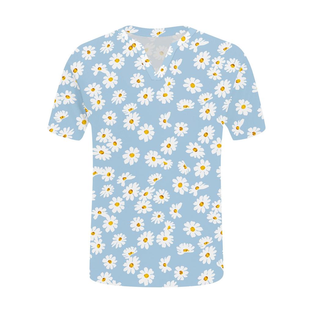 Женская повседневная футболка с цветочным принтом, пуловер с V-образным вырезом и коротким рукавом