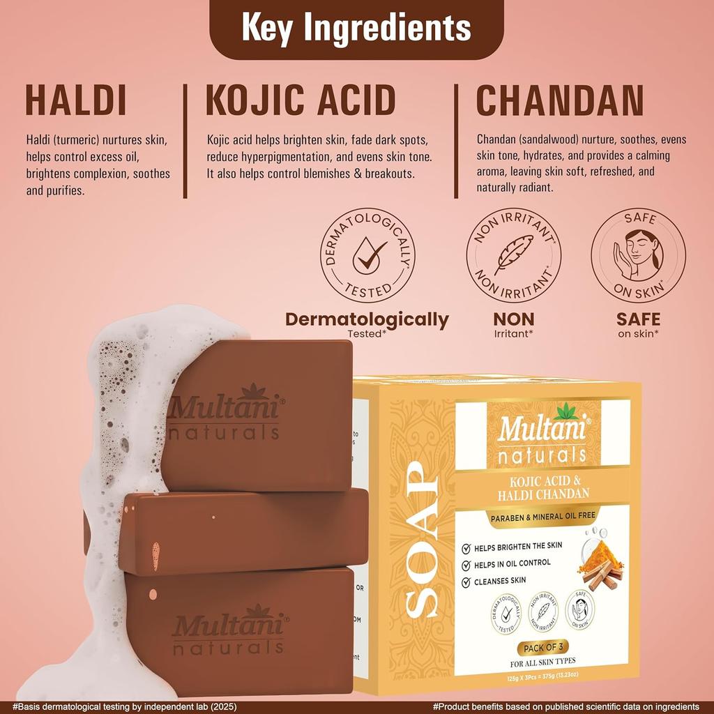 Мыло Multani Naturals с койевой кислотой, куркумой и сандалом для ванны, 125 г, упаковка из 3 шт., питательное, для ежедневного использования, для всех типов кожи