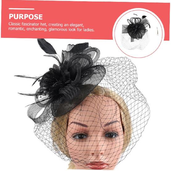 Mesh Flower Headband with Plume Accent, Black Cocktail Tea Party Hat for Women and Special Occasion Accessory