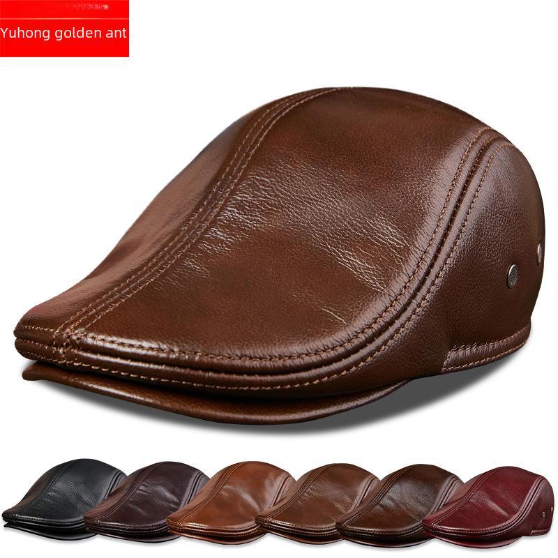 Men's Genuine Leather Duckbill Hat – Stylish, Warm, Thickened Cowhide Beret for Middle-Aged and Elderly (Autumn/Winter)