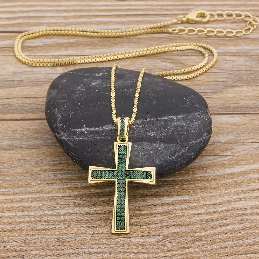 Nidin New Design Cross Blue Crystal Pendant Chain Necklace Copper Cubic Zircon Choker 4 Colors Choice Religion Jewelry Gifts
