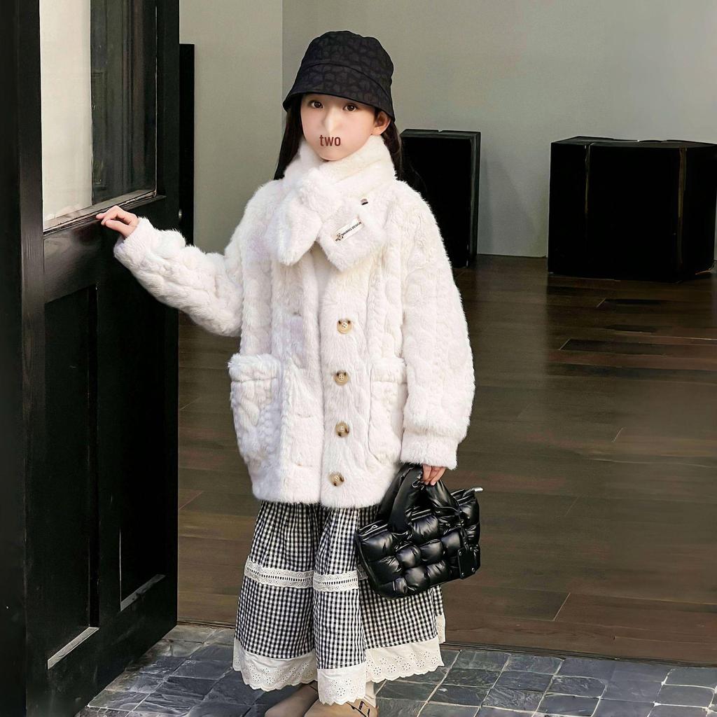 Пальто из искусственного меха для девочек в корейском стиле со шарфом - Размеры M и L, Коллекция Осень/Зима