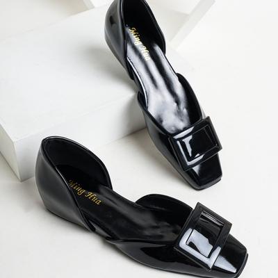 Версия из овчины~ цвет сушеной розы французские туфли-лодочки женские с маленькой квадратной пряжкой лакированная кожа на платформе VR 5 см высотой.