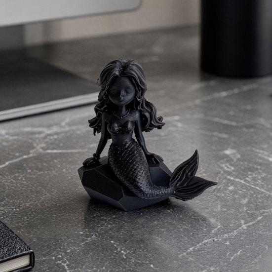 Nostalgie 3D Printed Mermaid Action Figure, Dark Gothic Style Figurine with Matte Black Finish, Movable Joints & Wide Rock Base, Decor for Desk