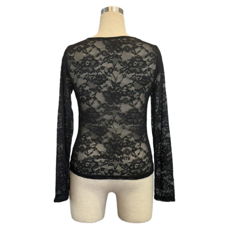 Сексуальные однослойные базовые топы с кружевной отделкой для весны и осени, женские футболки