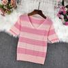 Women's Knitted T-shirt V-neck Hollow Stripe Summer Thin Ice Silk Short Sleeve Top