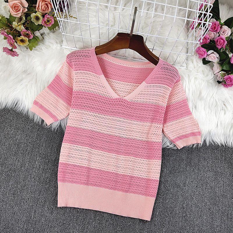 Women's Knitted T-shirt V-neck Hollow Stripe Summer Thin Ice Silk Short Sleeve Top
