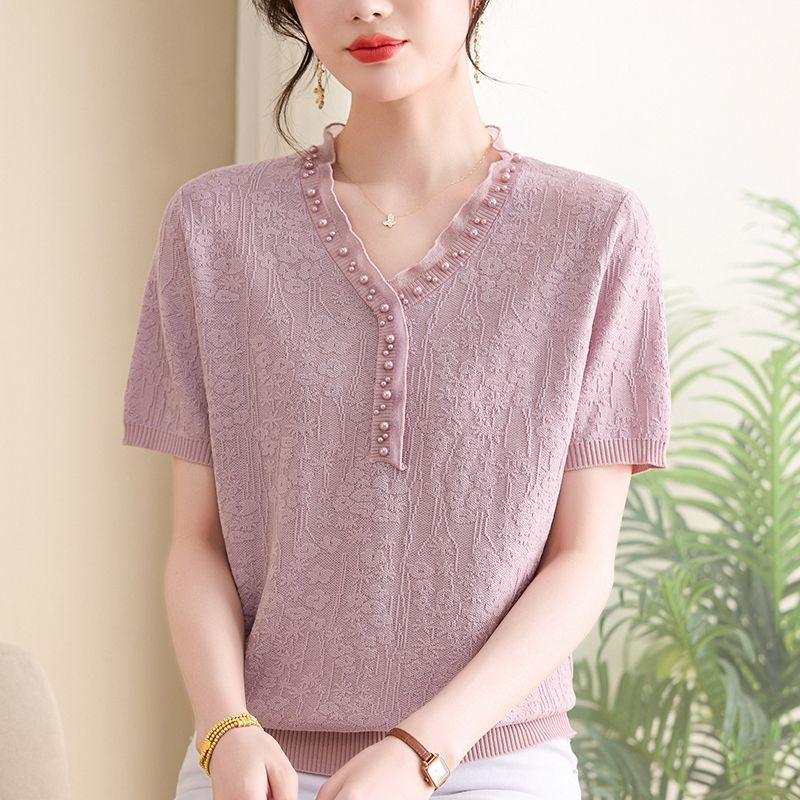 Свободная трикотажная футболка из ледяного шелка для женщин, летний дизайн, стильный новый тонкий фасон, короткий рукав.