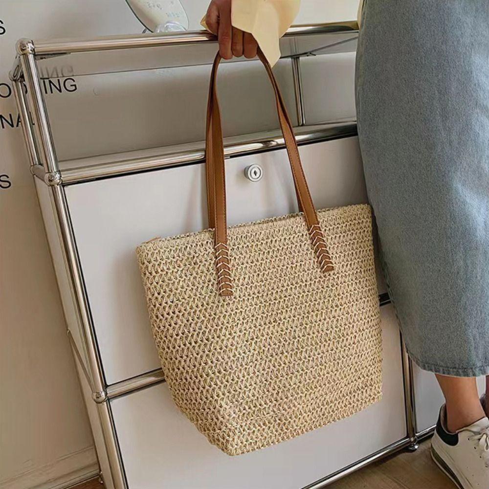 Zipper Beach Bag Bohemian Style Raffia Shoulder Bag Simple Weave Straw Tote Bag  Shopping