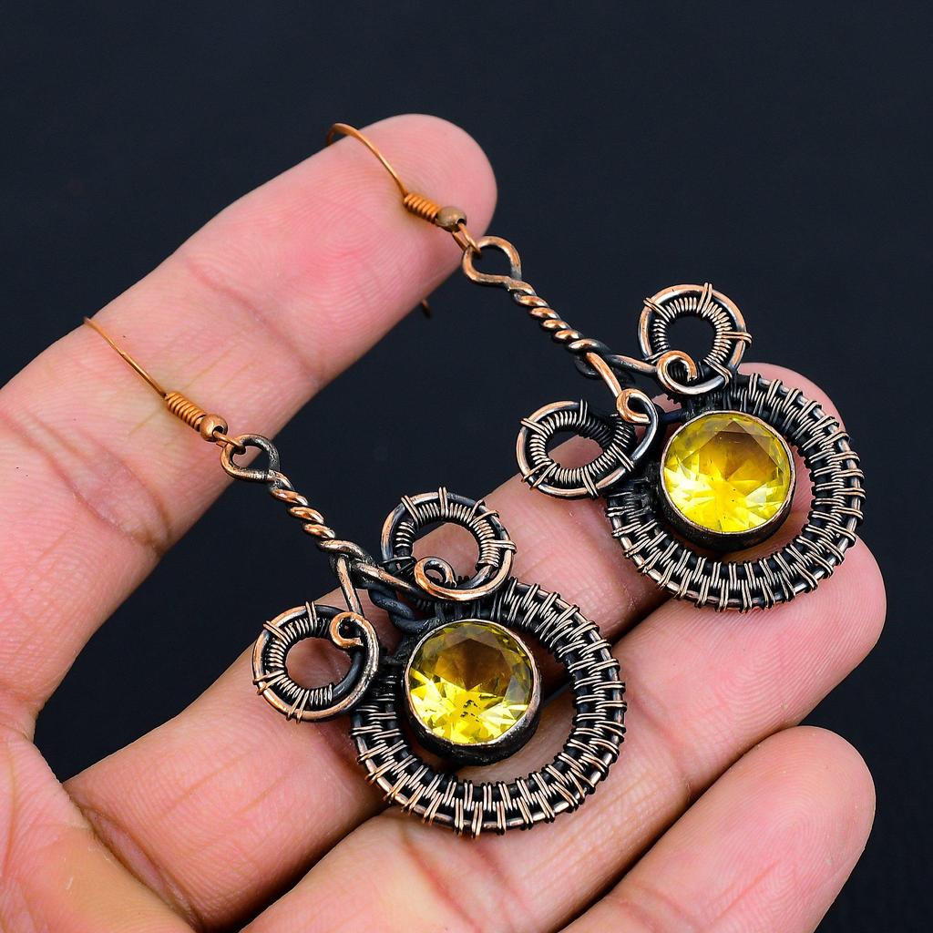Красивый цитрин, драгоценный камень, серьги ручной работы из чистой медной проволоки, обернутые ювелирные изделия