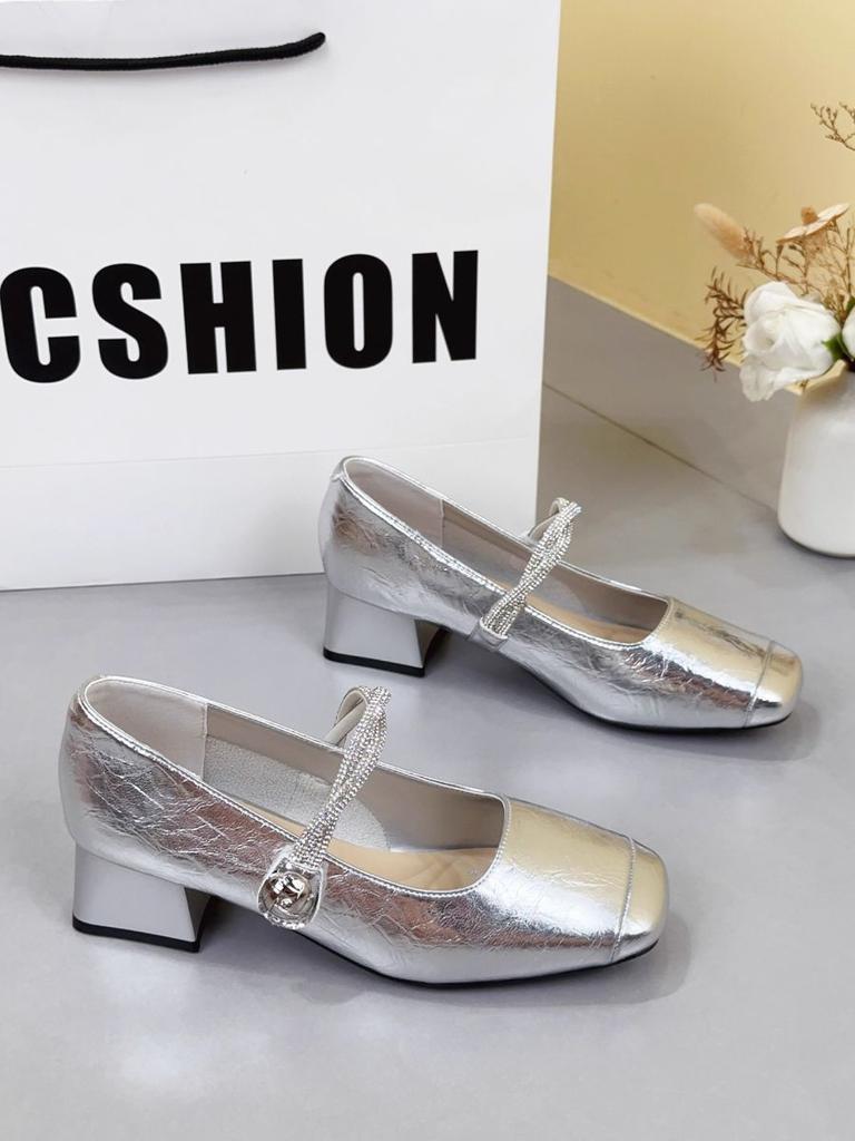 Champagne Gold Thick Heel Light Mouth Single Shoes Women's 2025 Autumn New New Chinese Velcro with Skirt Mary Jane Shoes